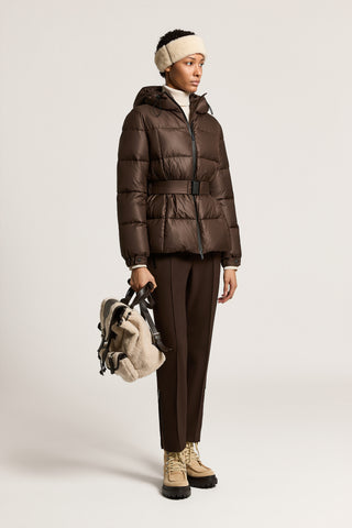 Down jacket with belt and hood