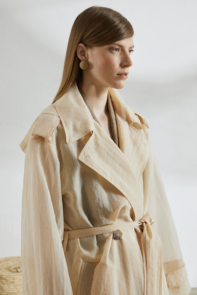 Technical organza double-breasted trench coat  