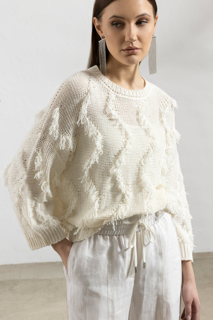 Melange linen and cotton yarn fringed sweater  
