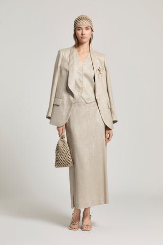 Linen, viscose, and lamé herringbone skirt
