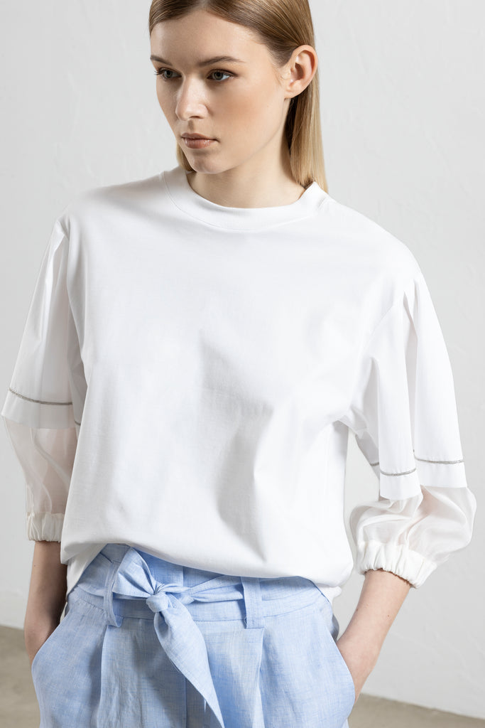 Cotton jersey T-shirt with organza sleeves  