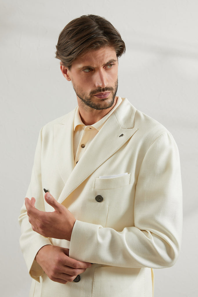 Wool, silk and linen hopsack double-breasted blazer  