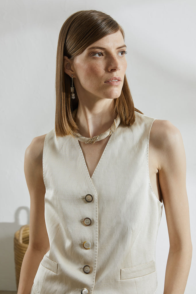 Shiny viscose, linen and cotton twill single-breasted vest  