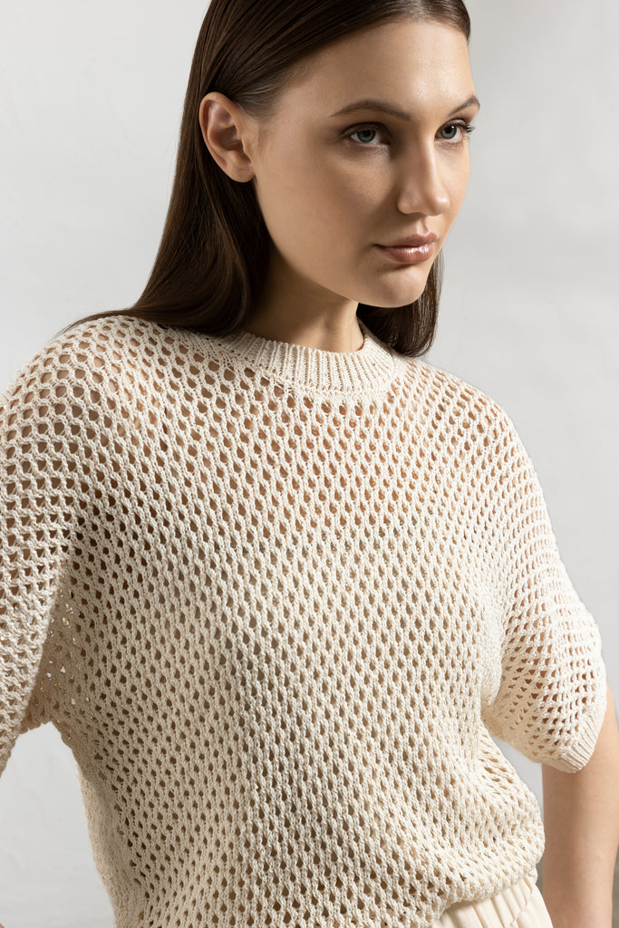 Pure cotton and mini sequin mesh-knit sweater  