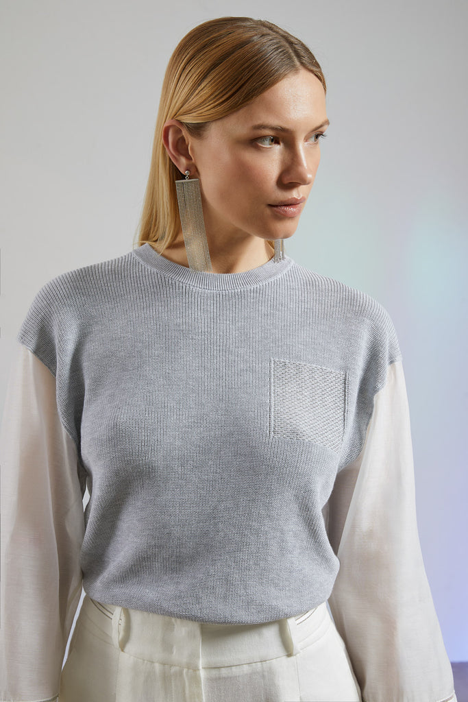 Cotton sweater with organza sleeves with Punto Luce diamond cut chain trim  