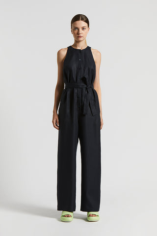 Plain-coloured pure linen gabardine jumpsuit