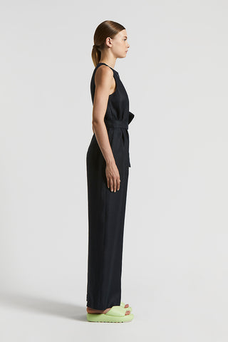 Plain-coloured pure linen gabardine jumpsuit