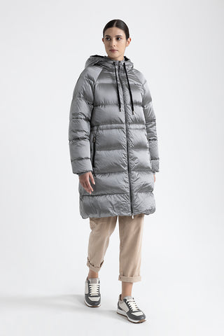 WR nylon twill long hooded down coat  