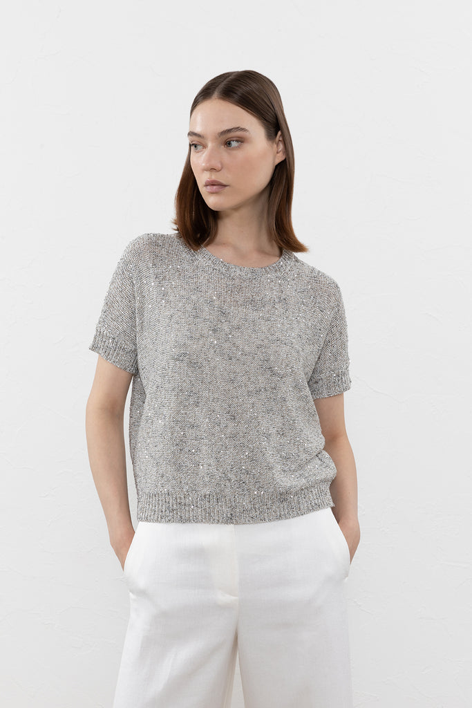 Sweater in linen, viscose and tencel blend yarn with sequins  