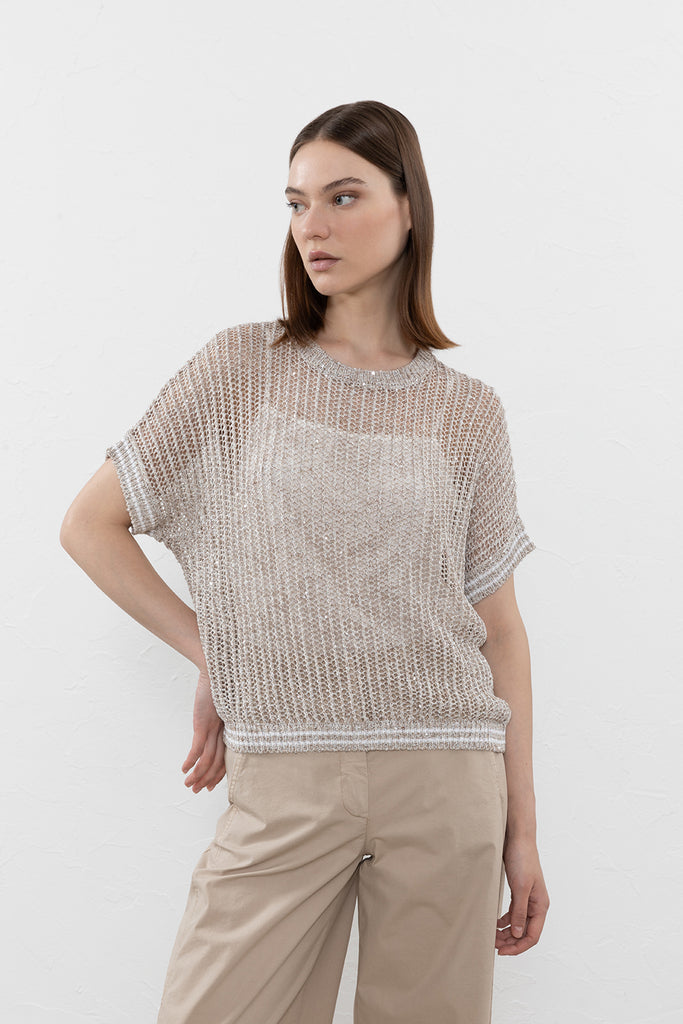 Sweater in linen and viscose yarn with sequins  
