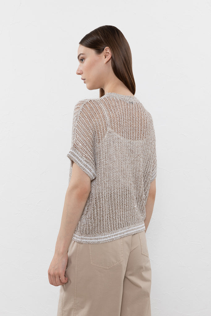 Sweater in linen and viscose yarn with sequins  