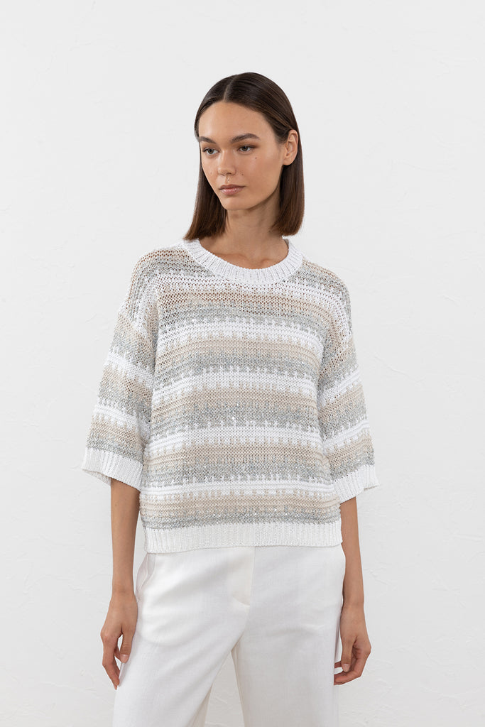 Sweater in viscose, linen and tencel blend yarn with sequins  