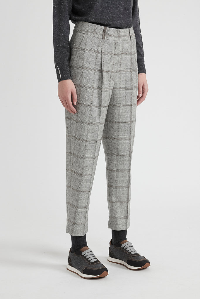 Check wool flannel carrot trousers  