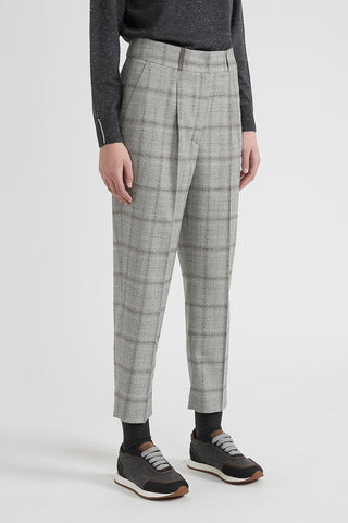 Check wool flannel carrot trousers  