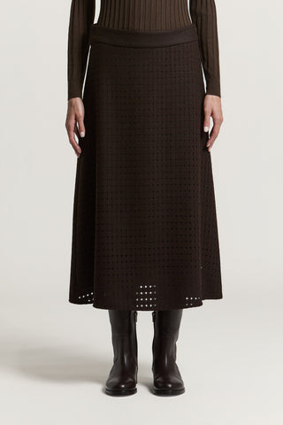 Wool-blend openwork flannel midi skirt