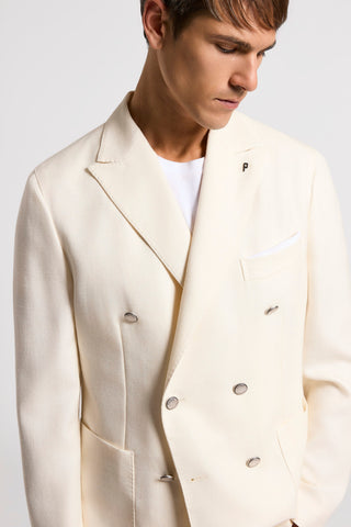 Double-Breasted Blazer in Wool, Silk, and Linen