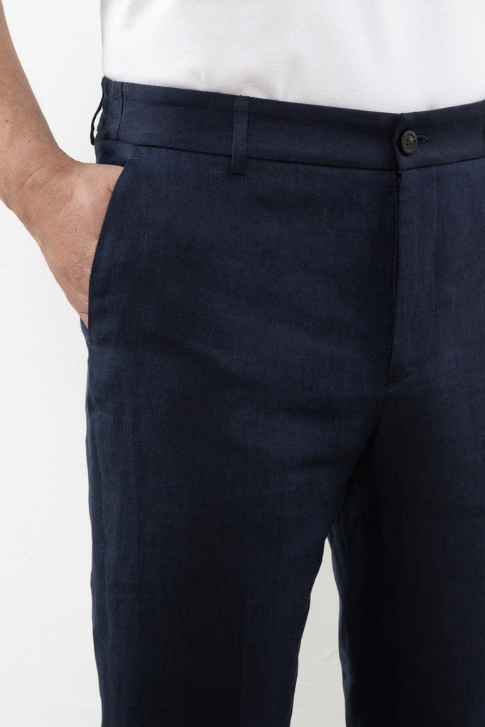 Chevron weave pure linen flat front trousers  