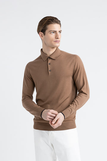 Pure new wool sweater with polo shirt collar  