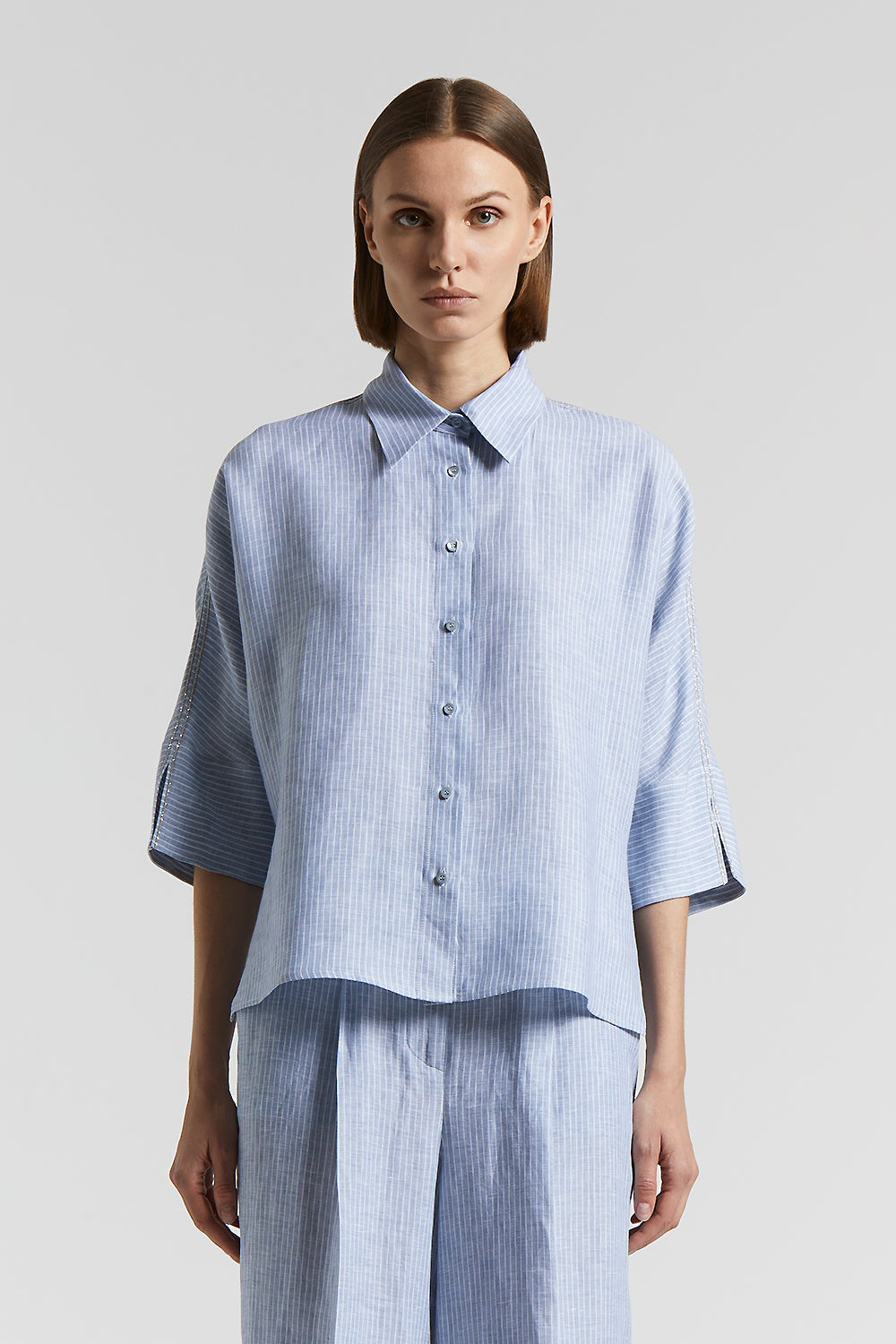 Tシャツ・カットソー PESERICO SS25 Pure linen striped canvas shirt (S06115 985) Peserico Pure Linen Striped Canvas Shirt | Balardi