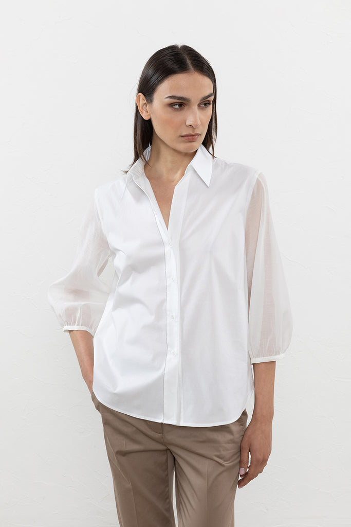 Stretch cotton poplin shirt with organza sleeves  