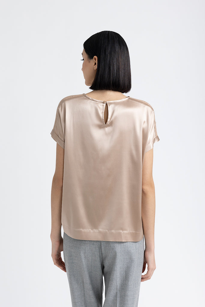 Silk satin T-shirt with Punto Luce trim  