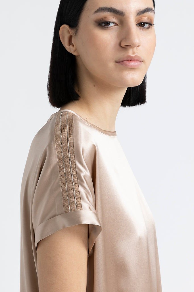 Silk satin T-shirt with Punto Luce trim  