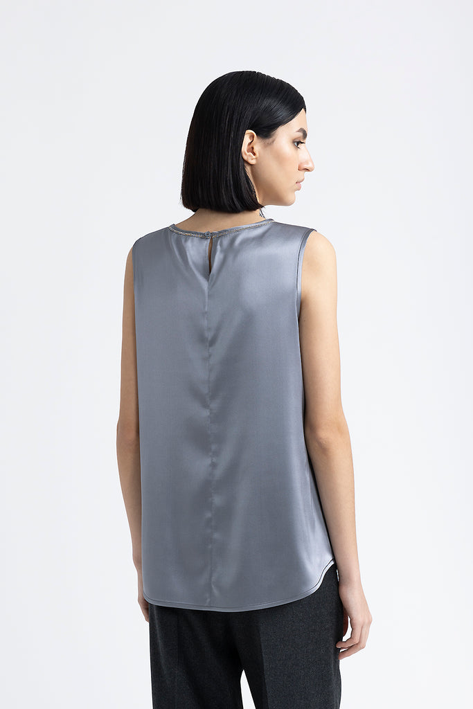 Shiny silk satin top with Punto Luce trim  