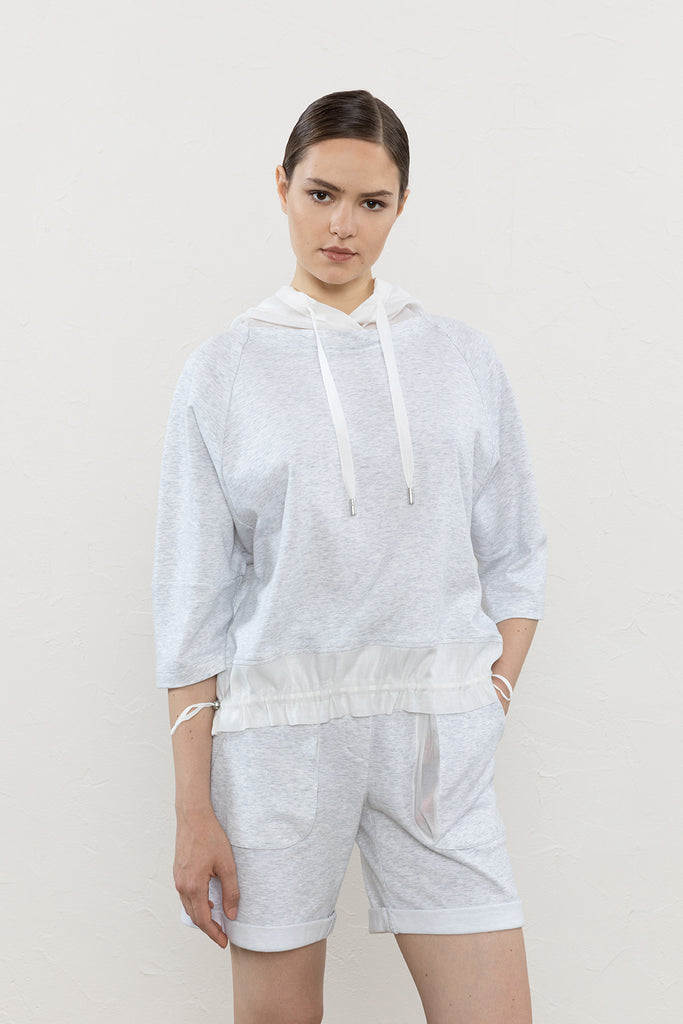 Dual fabric double micro fleece and silk blend organza sweatshirt  