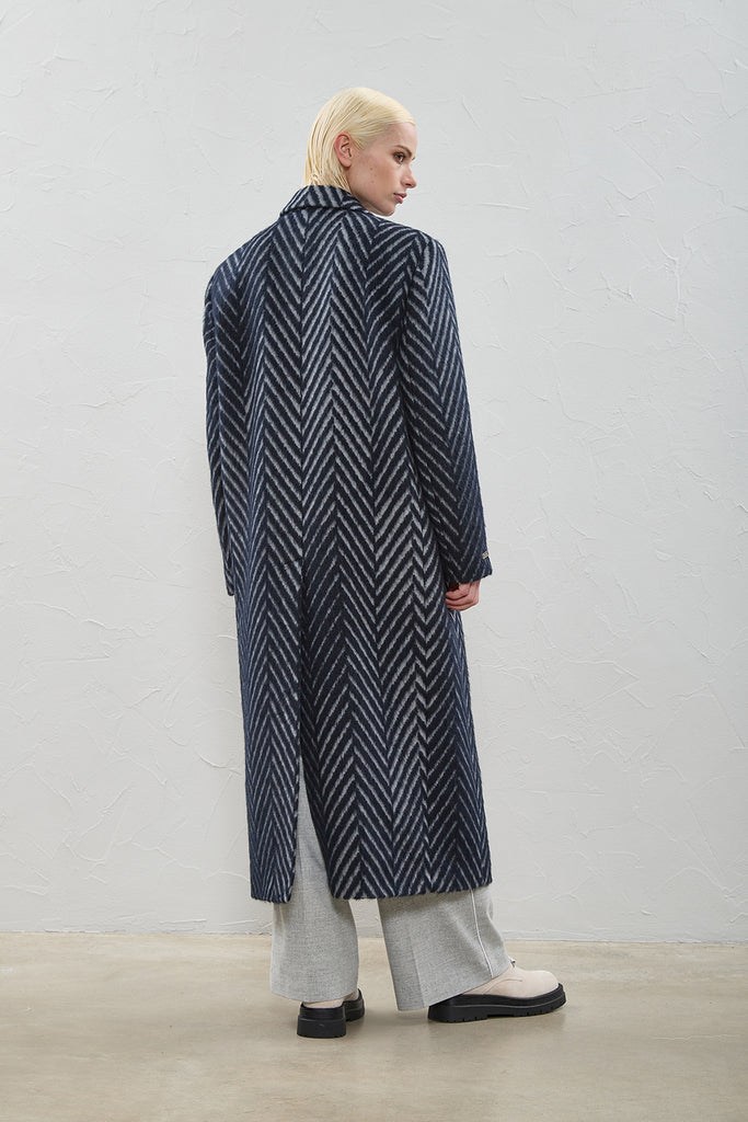 Brushed alpaca wool coat with  chevron design  