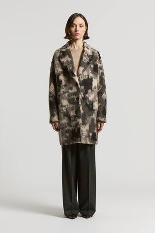 Camouflage midi coat in alpaca and jacquard wool
