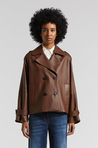 Genuine leather short trench coat