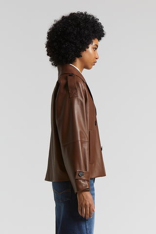 Genuine leather short trench coat