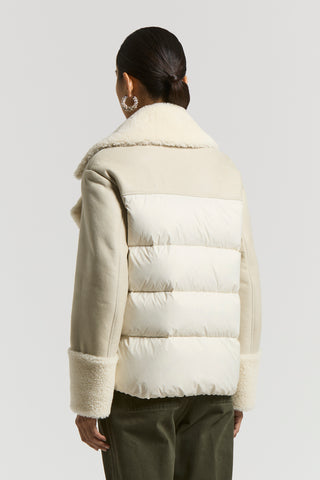 Shearling biker jacket with down inserts