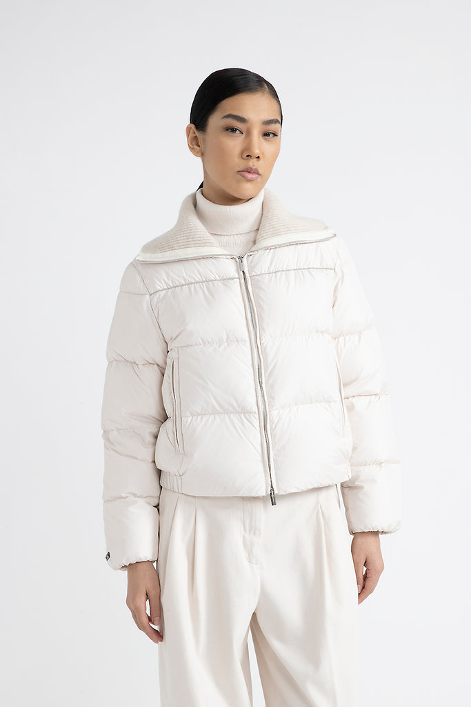 Short goose down jacket with tricot collar  