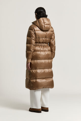 Long down jacket with belt in WR fabric