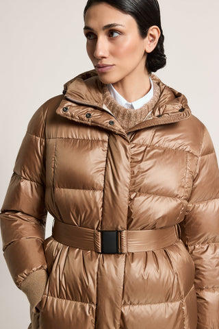 Long down jacket with belt in WR fabric