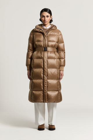 Long down jacket with belt in WR fabric