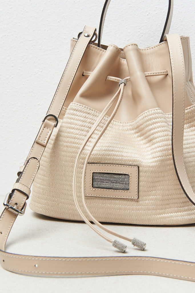 Straw-effect and leather bucket bag  