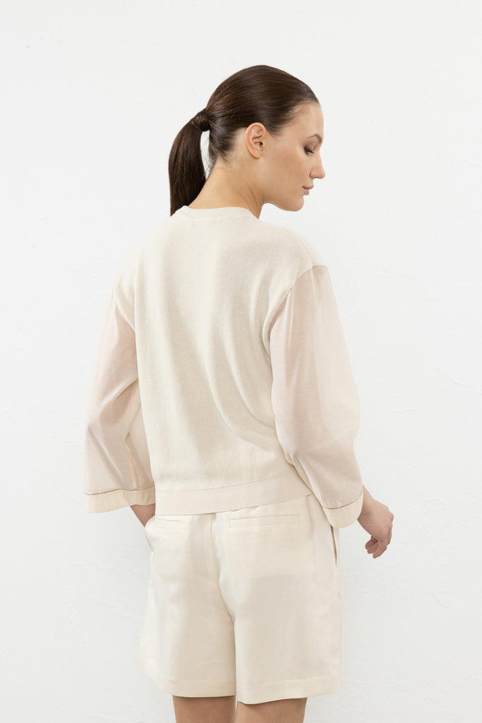 Cotton sweater with organza sleeves with Punto Luce diamond cut chain trim  