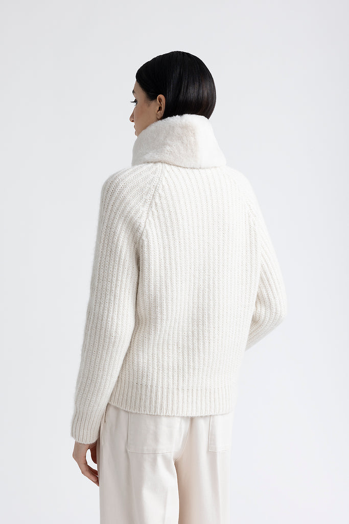 Knitted high neck jacket with fur trim  