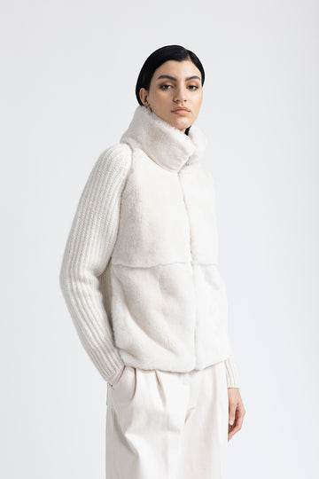 Knitted high neck jacket with fur trim  