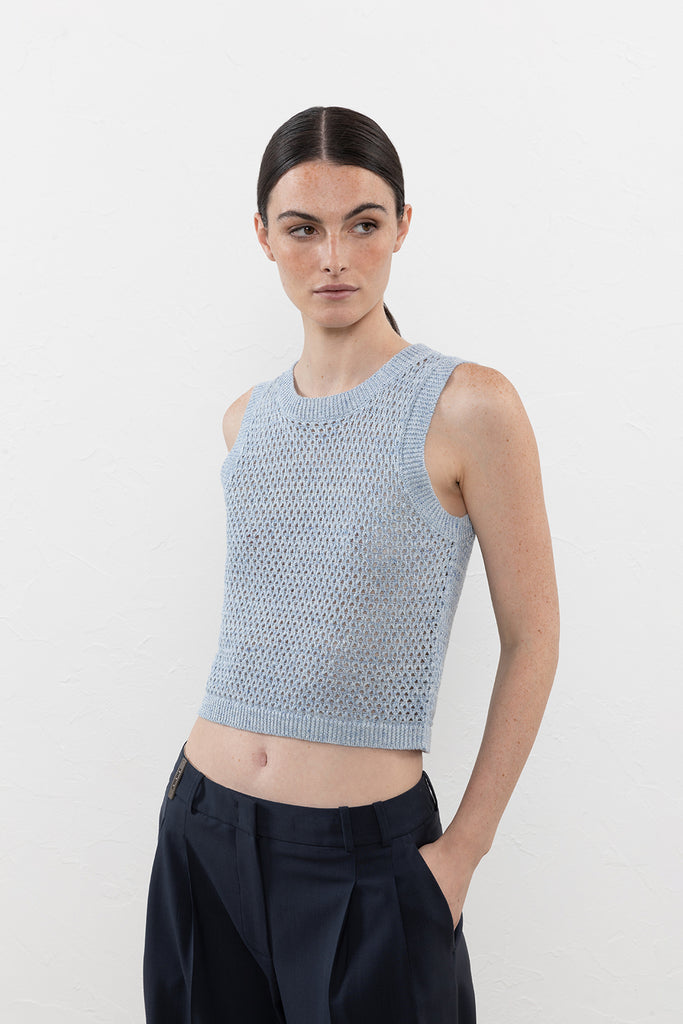 Melange linen and cotton yarn mesh-knit top  