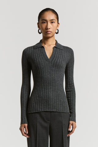 Wool and viscose rib-knit jumper with polo-style neck