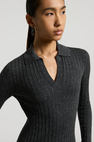 Wool and viscose rib-knit jumper with polo-style neck