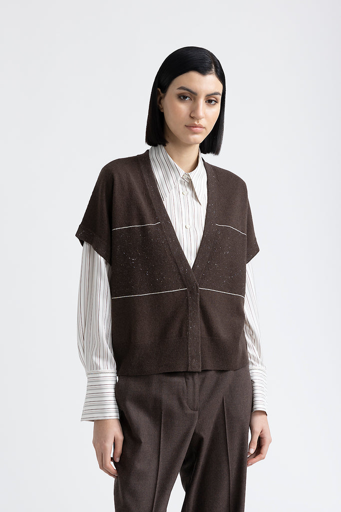 Wool, silk, cashmere and lurex short sleeve cardigan  