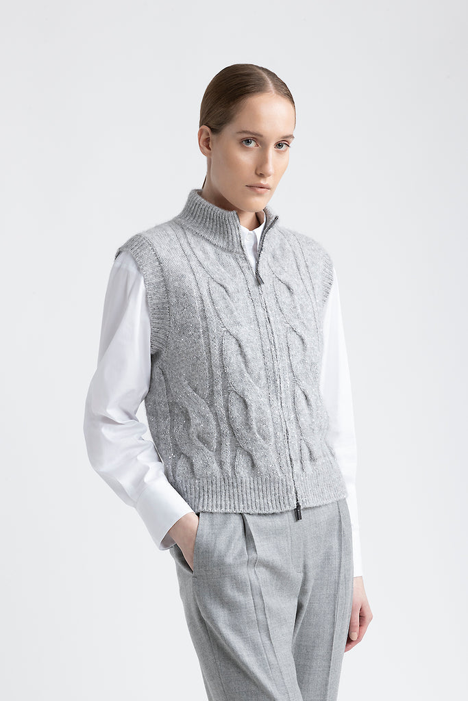 Wool, silk, cashmere gilet with micro-sequins  