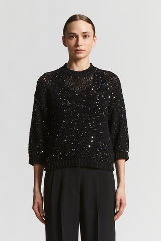 Cotton ribbon sweater with sequins