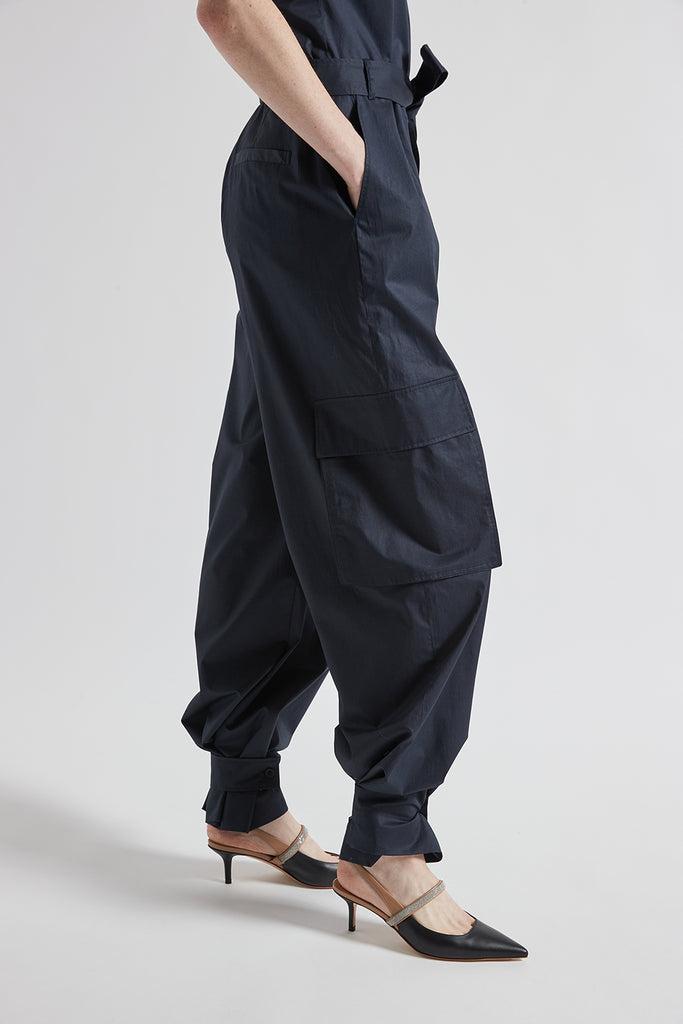 Cargo jumpsuit with twisted cotton shoulder straps  