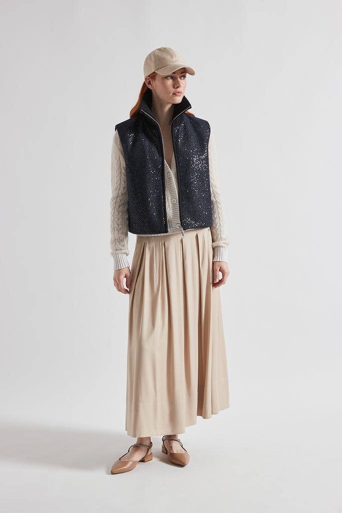 Pleated long skirt in wool and viscose twill  
