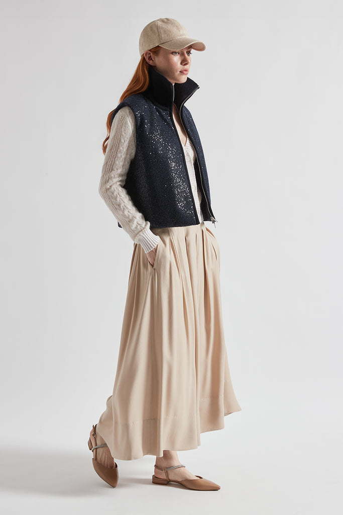 Pleated long skirt in wool and viscose twill  